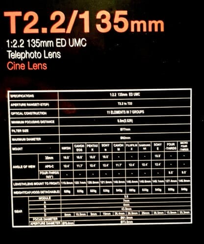 Samyang 135mm. VDSLR T.2.2 EF